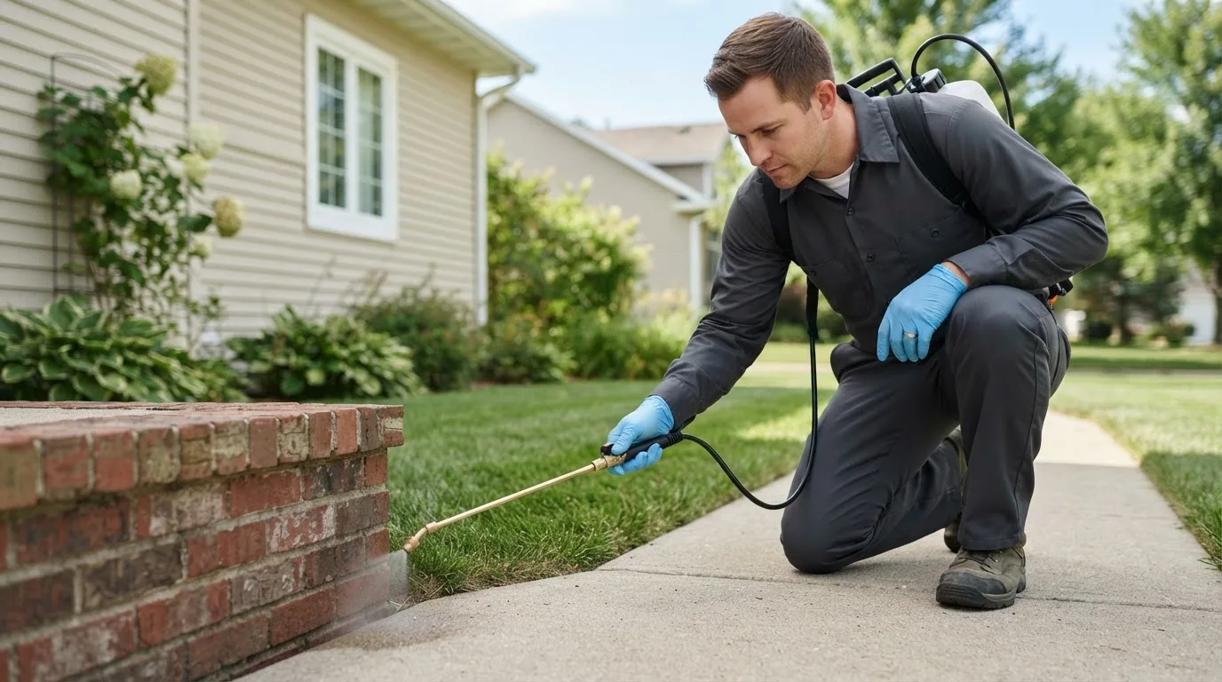 Pest control technician treating a home near Bondville, VT